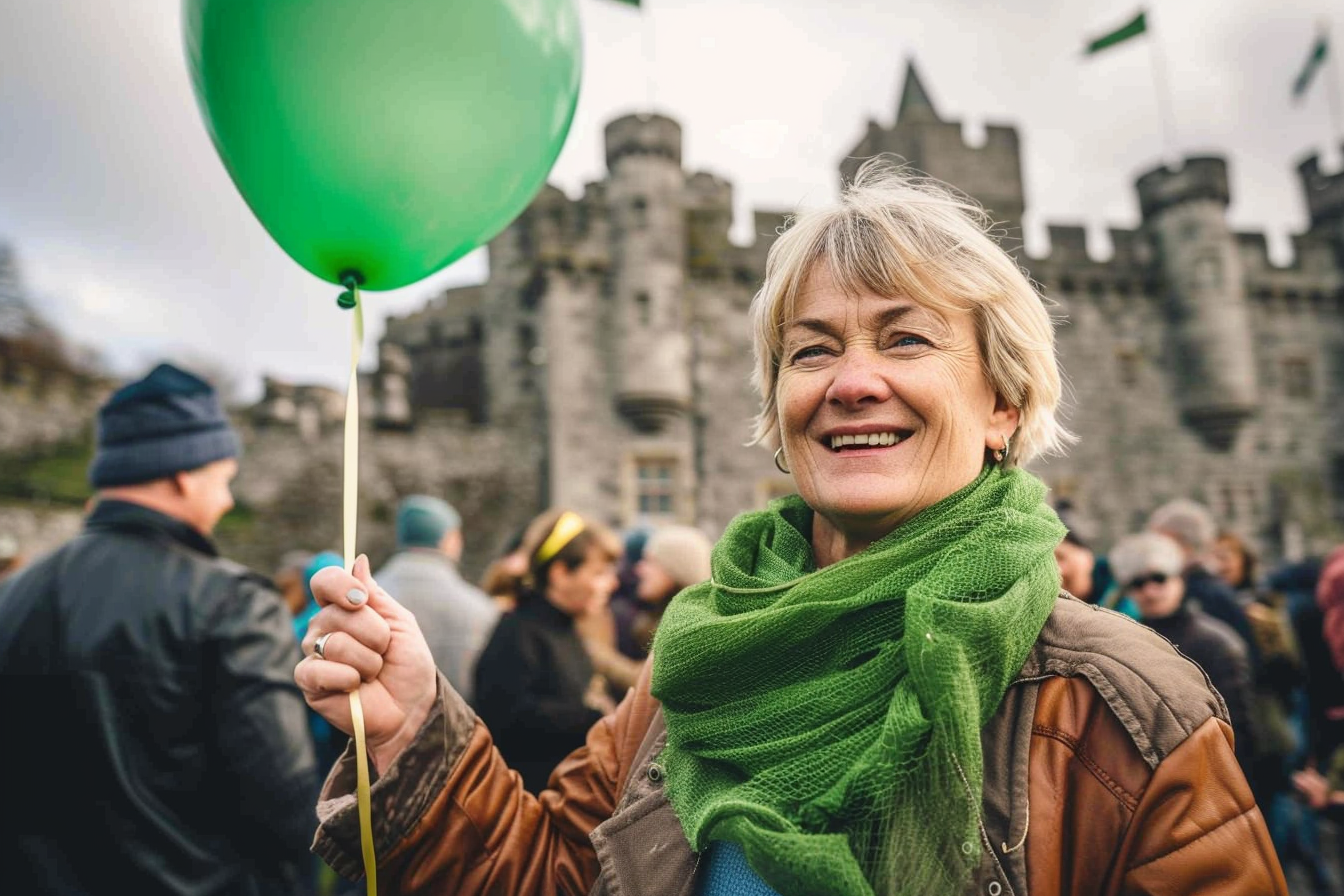 Image gratuite Femme, ballon vert, souriant, château historique, St-Patrick 1