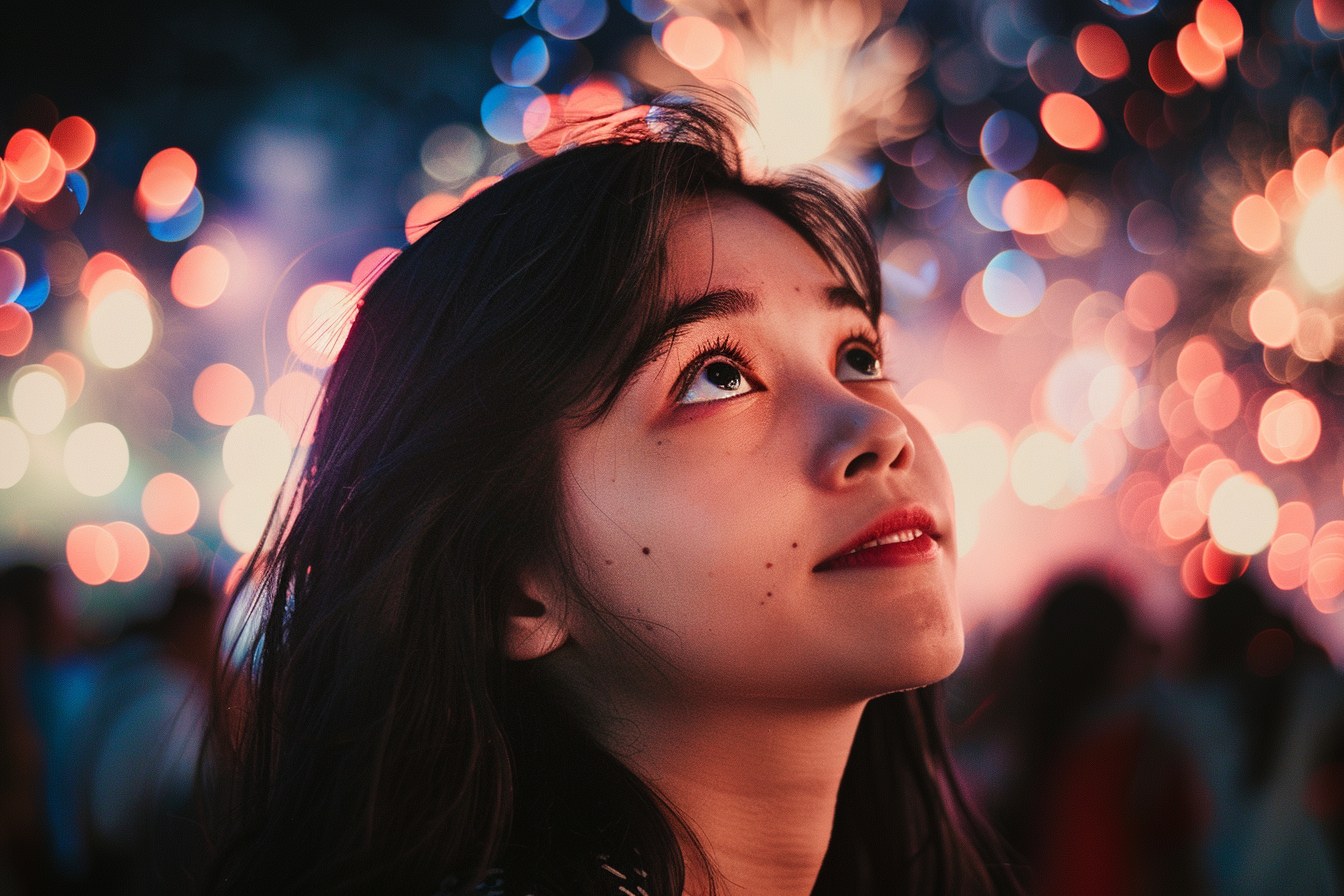 Image gratuite Femme captivée par les feux d&rsquo;artifice du 14 juillet 1
