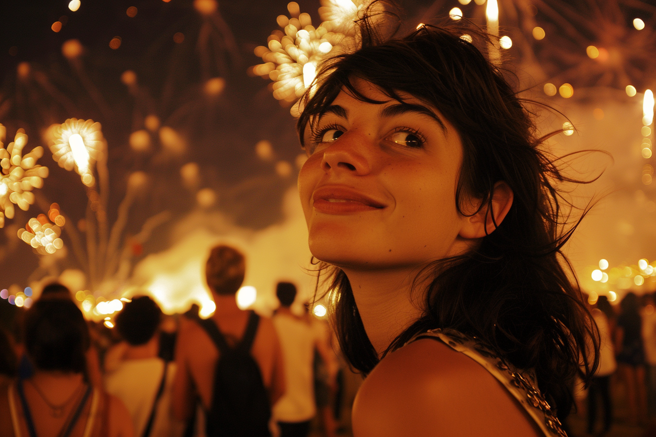 Image gratuite Femme captivée par les feux d&rsquo;artifice du 14 juillet 2