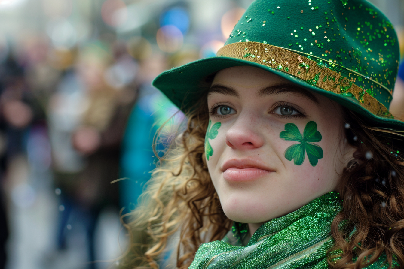 Image gratuite Femme, chapeau vert, maquillage trèfle, parade rue animée 1