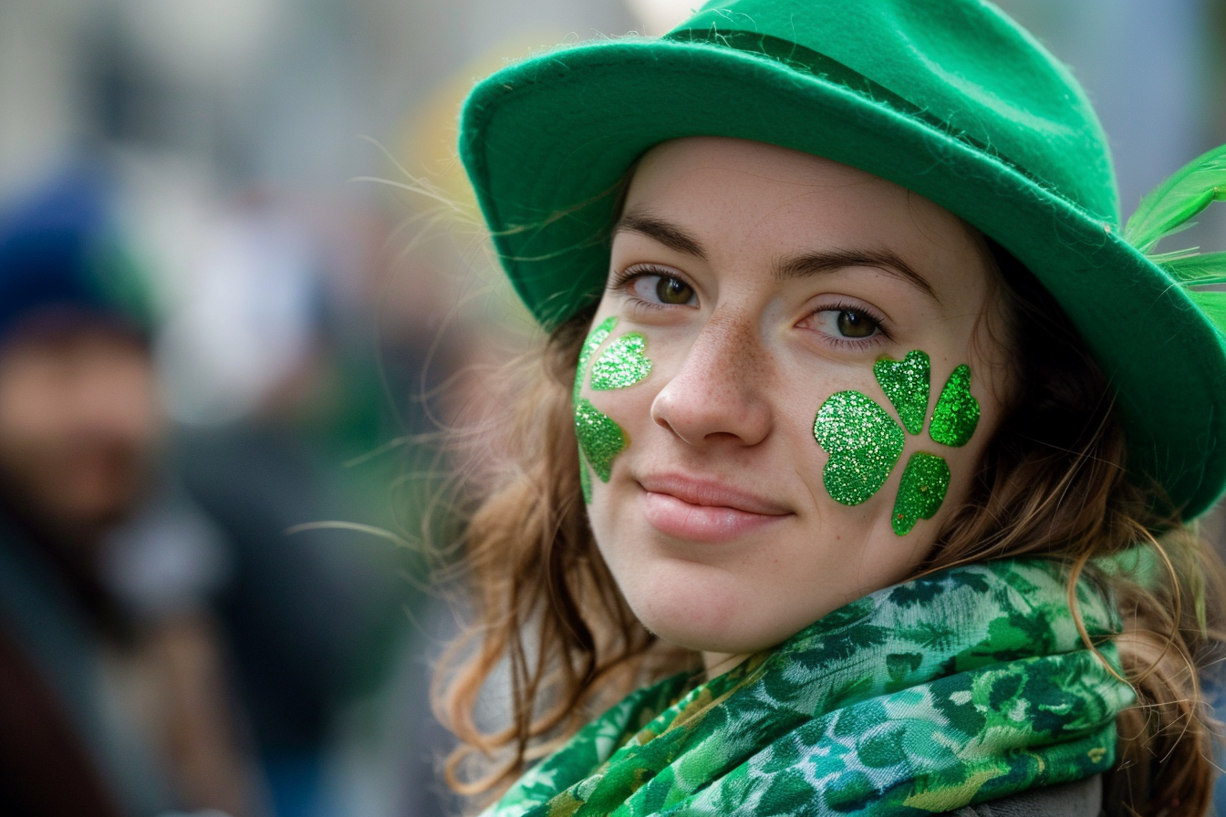 Image gratuite Femme, chapeau vert, maquillage trèfle, parade rue animée 2
