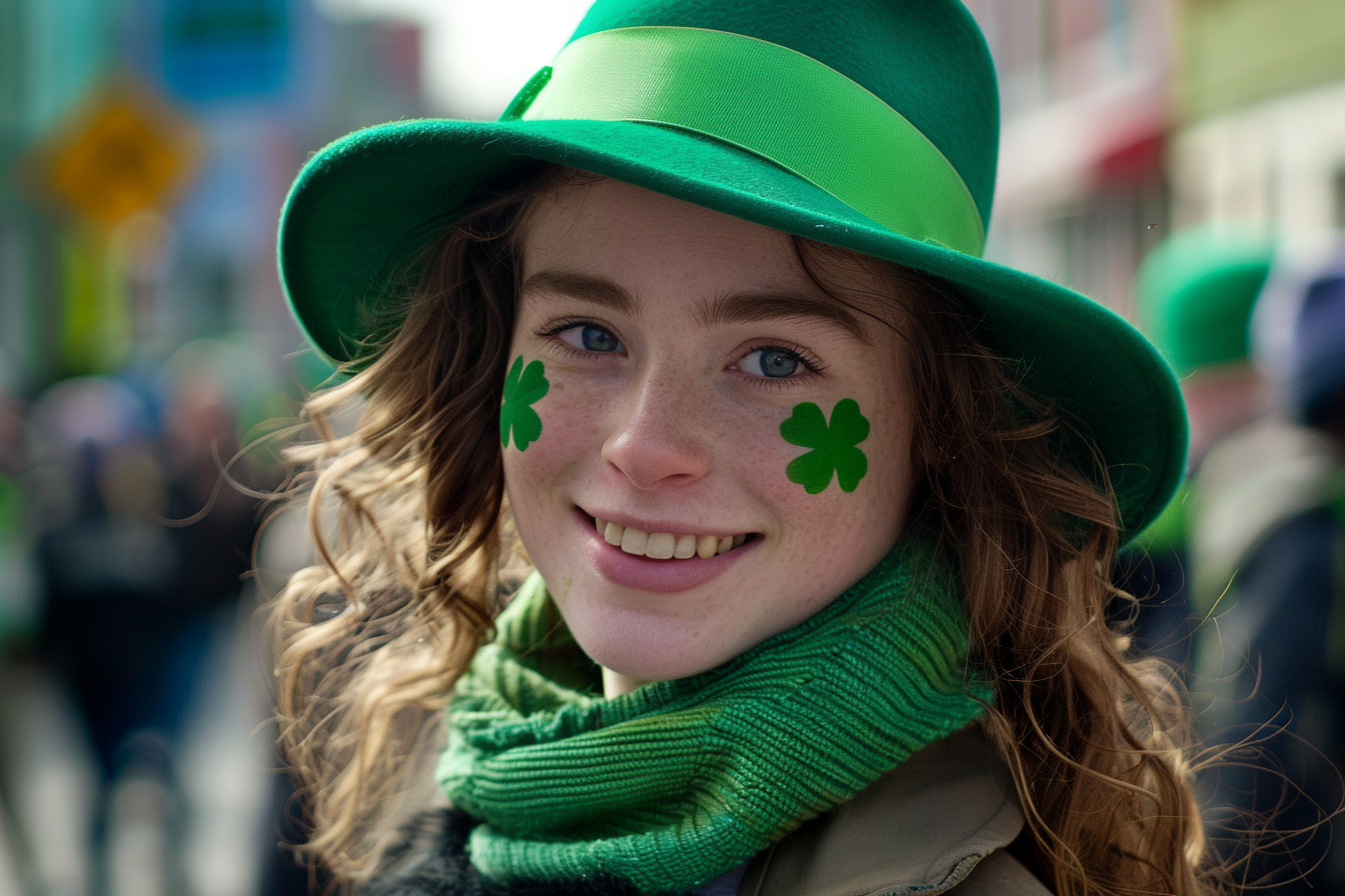 Image gratuite Femme, chapeau vert, maquillage trèfle, parade rue animée 3