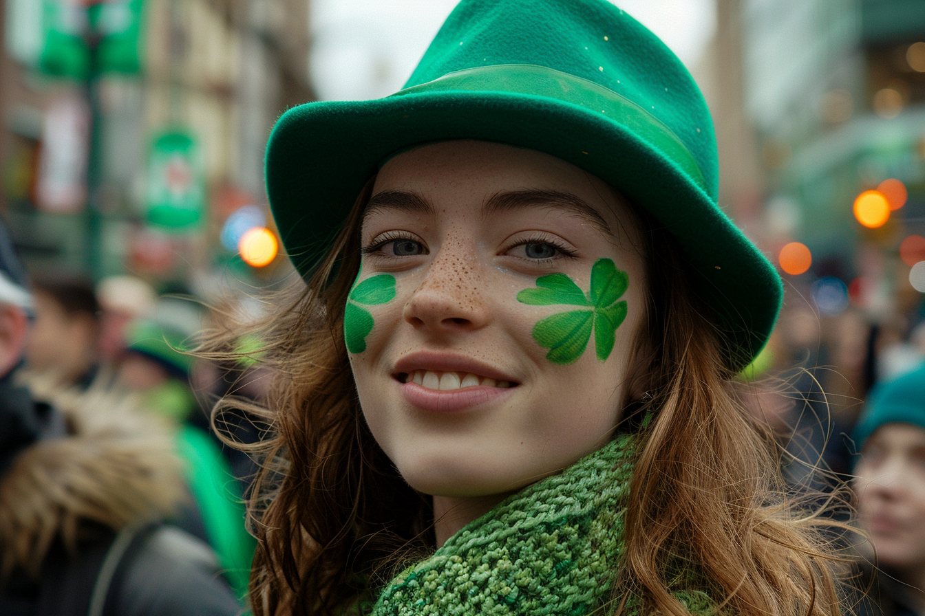 Image gratuite Femme, chapeau vert, maquillage trèfle, parade rue animée 4