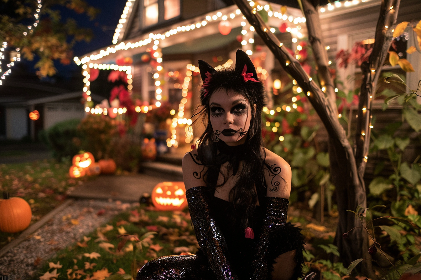 Image gratuite Femme chat noir, maison, lumières, décorations 1