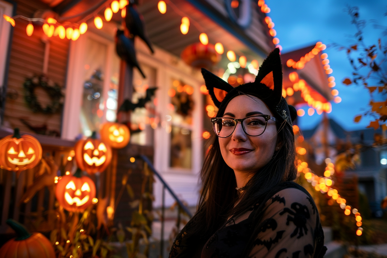 Image gratuite Femme chat noir, maison, lumières, décorations 2