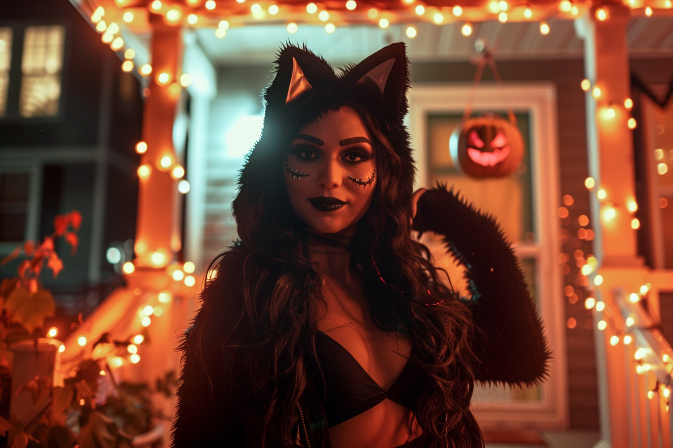 Image gratuite Femme chat noir, maison, lumières, décorations 3