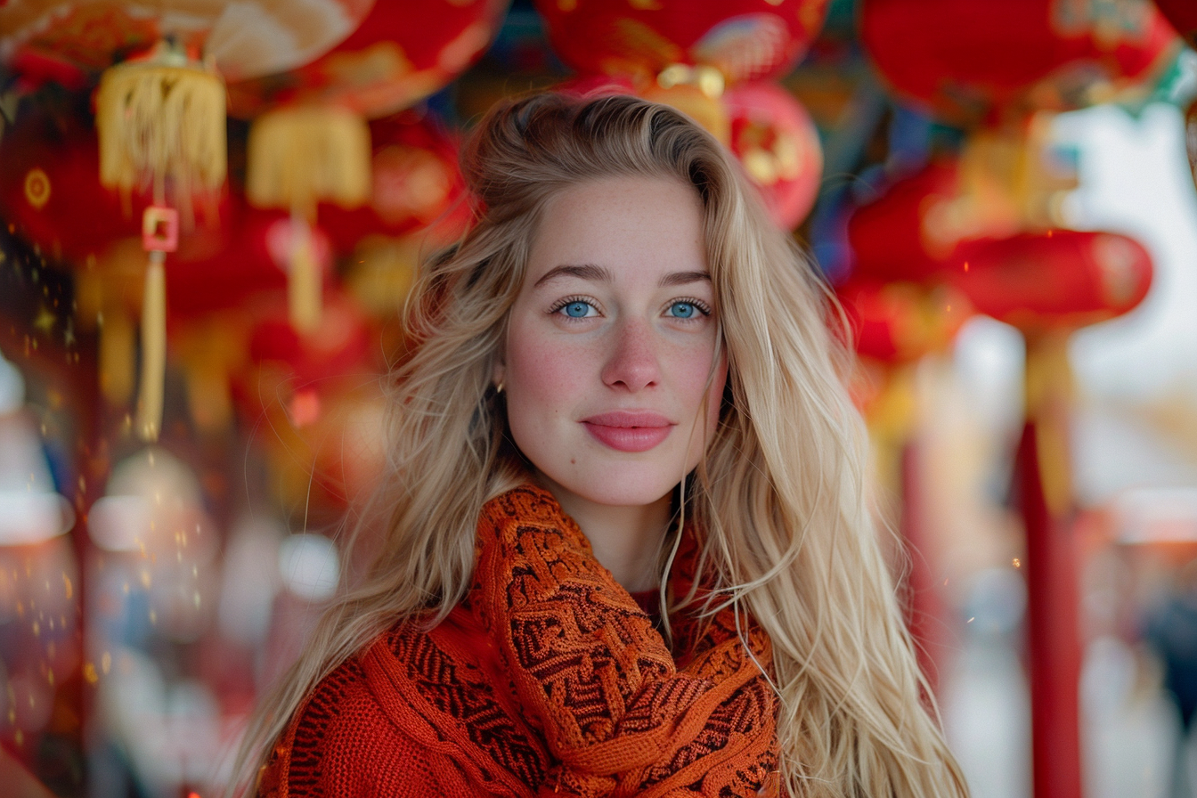 Image gratuite Femme cheveux blonds yeux bleus fête Nouvel An chinois 2