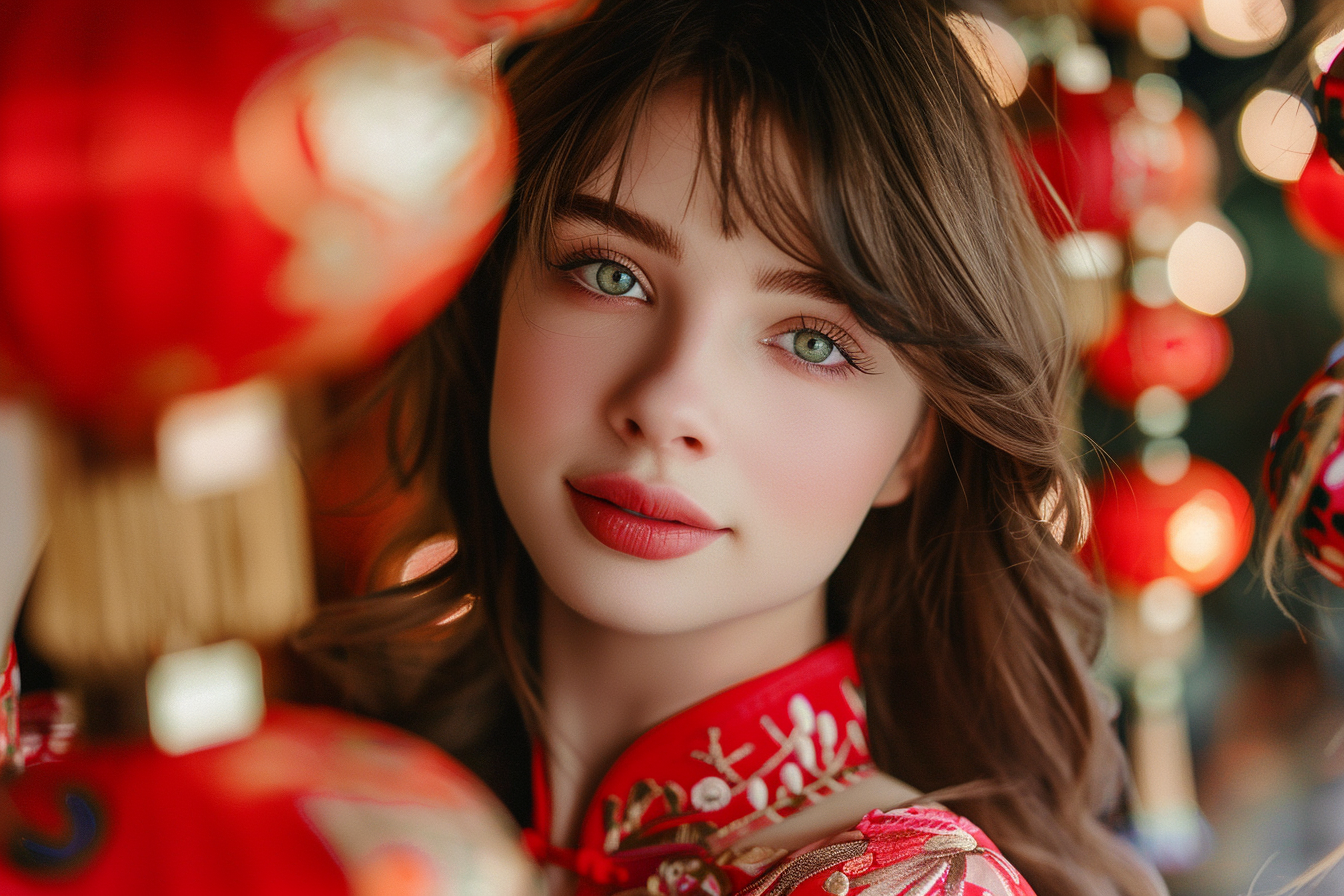 Image gratuite Femme cheveux bruns yeux verts fête Nouvel An chinois 1