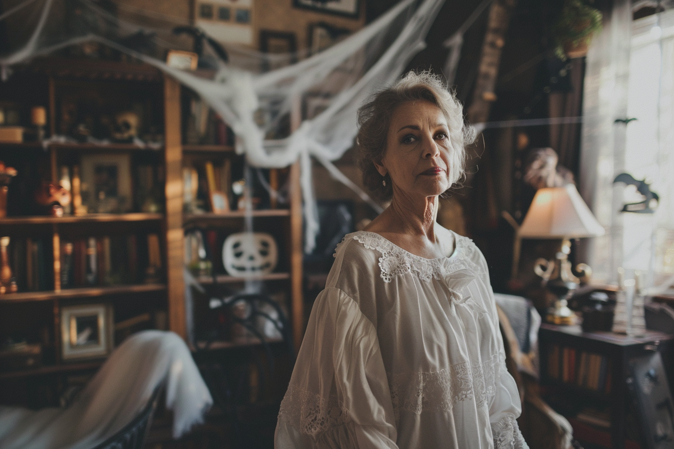 Image gratuite Femme, costume fantôme, salon décoré, toiles araignées, chauves-souris 1