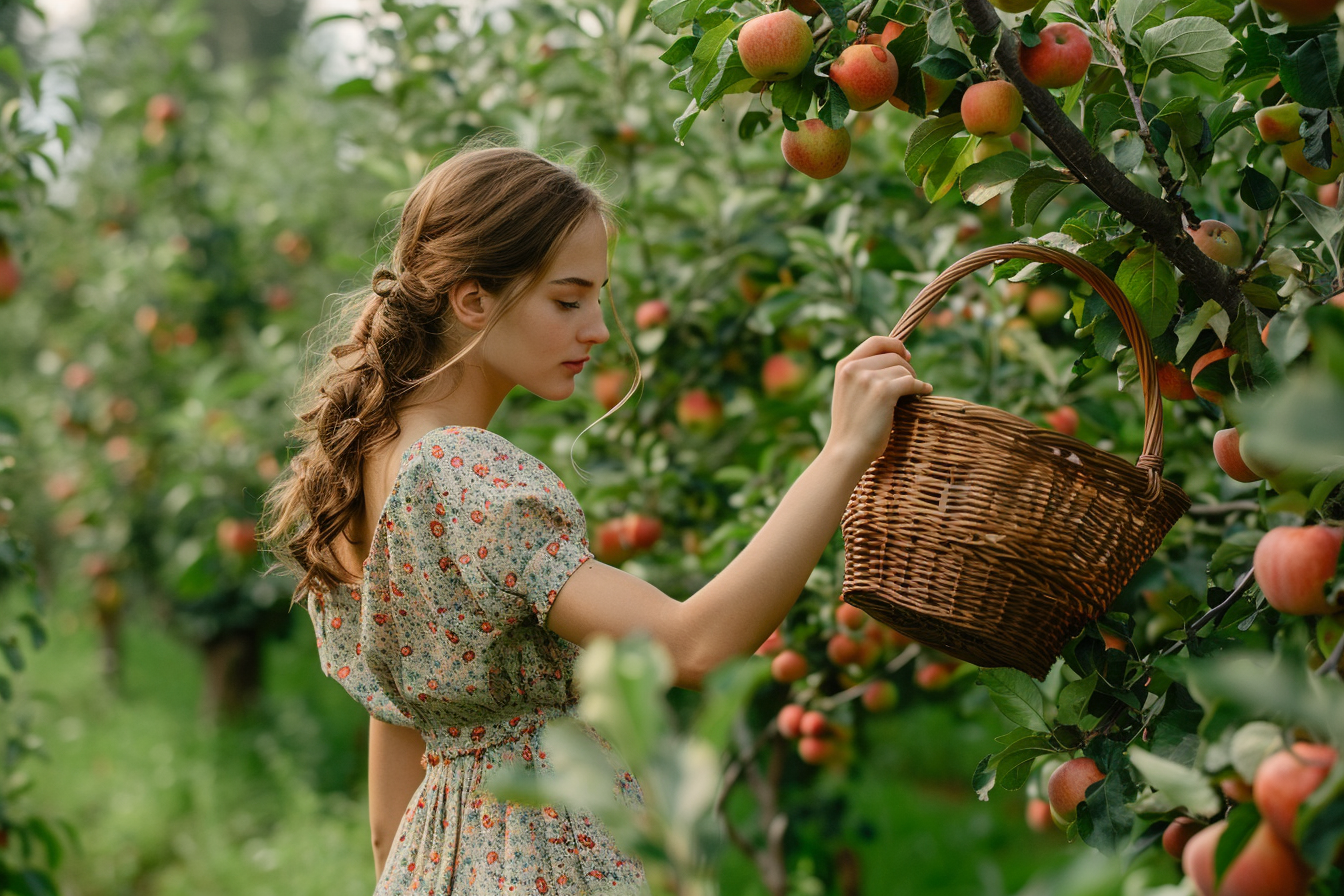 Image gratuite Femme cueillant des pommes dans un verger 1