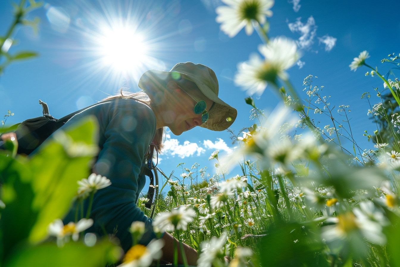 Image gratuite Femme cueille fleurs sauvages prairie soleil 1