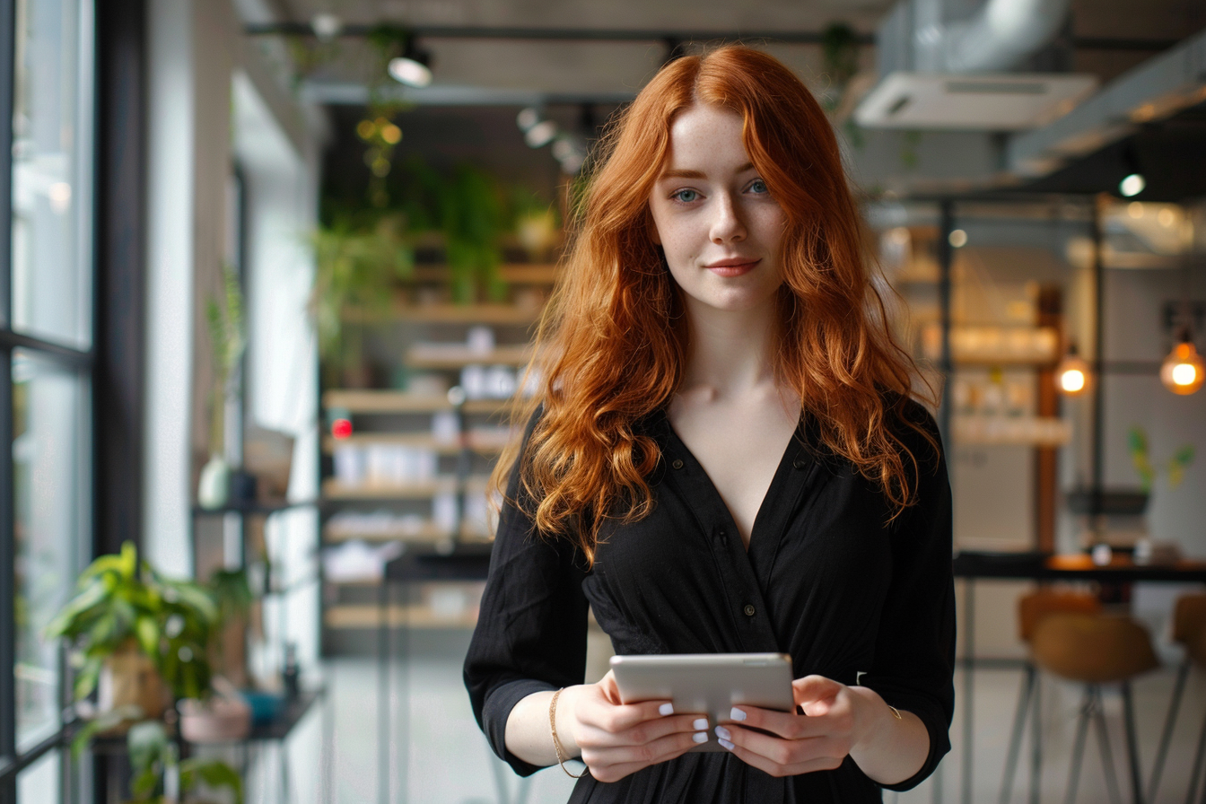 Image gratuite Femme d&rsquo;affaires européenne rousse avec une tablette 1