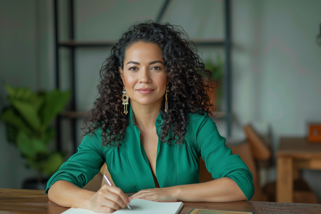 Image gratuite Femme d&rsquo;affaires latino assise avec carnet 1