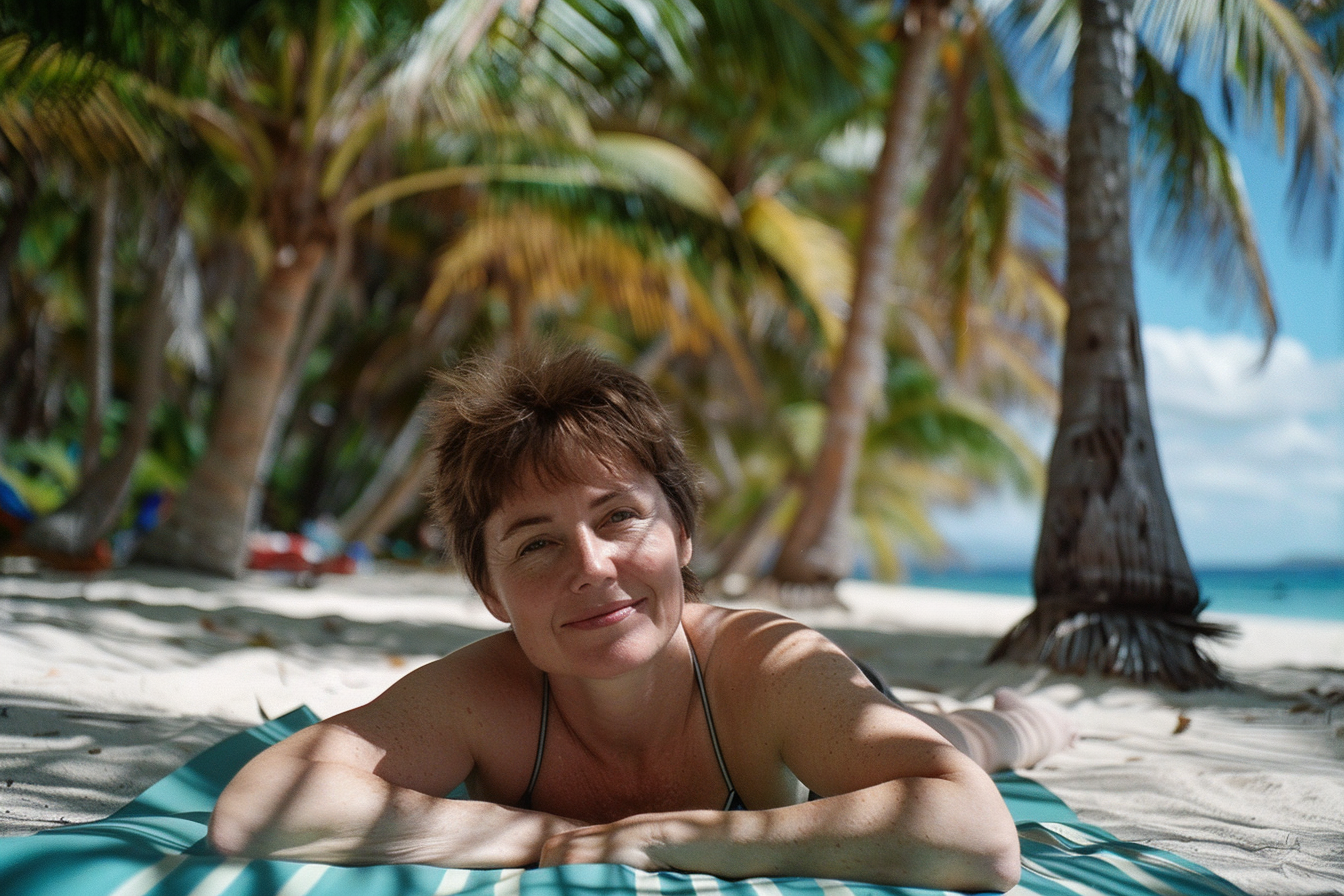 Image gratuite Femme d&rsquo;âge moyen bronzant sur un tapis de plage près des palmiers 2