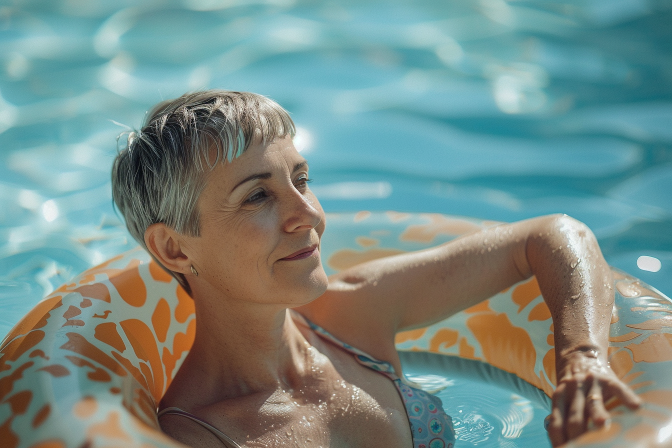 Image gratuite Femme d&rsquo;âge moyen flottant sur un gonflable dans une piscine d&rsquo;hôtel 1