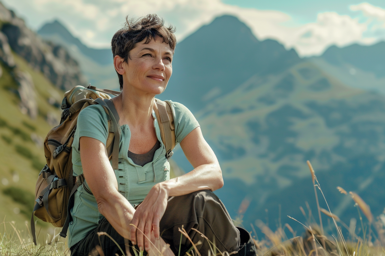 Image gratuite Femme d&rsquo;âge moyen sur une prairie de montagne 1