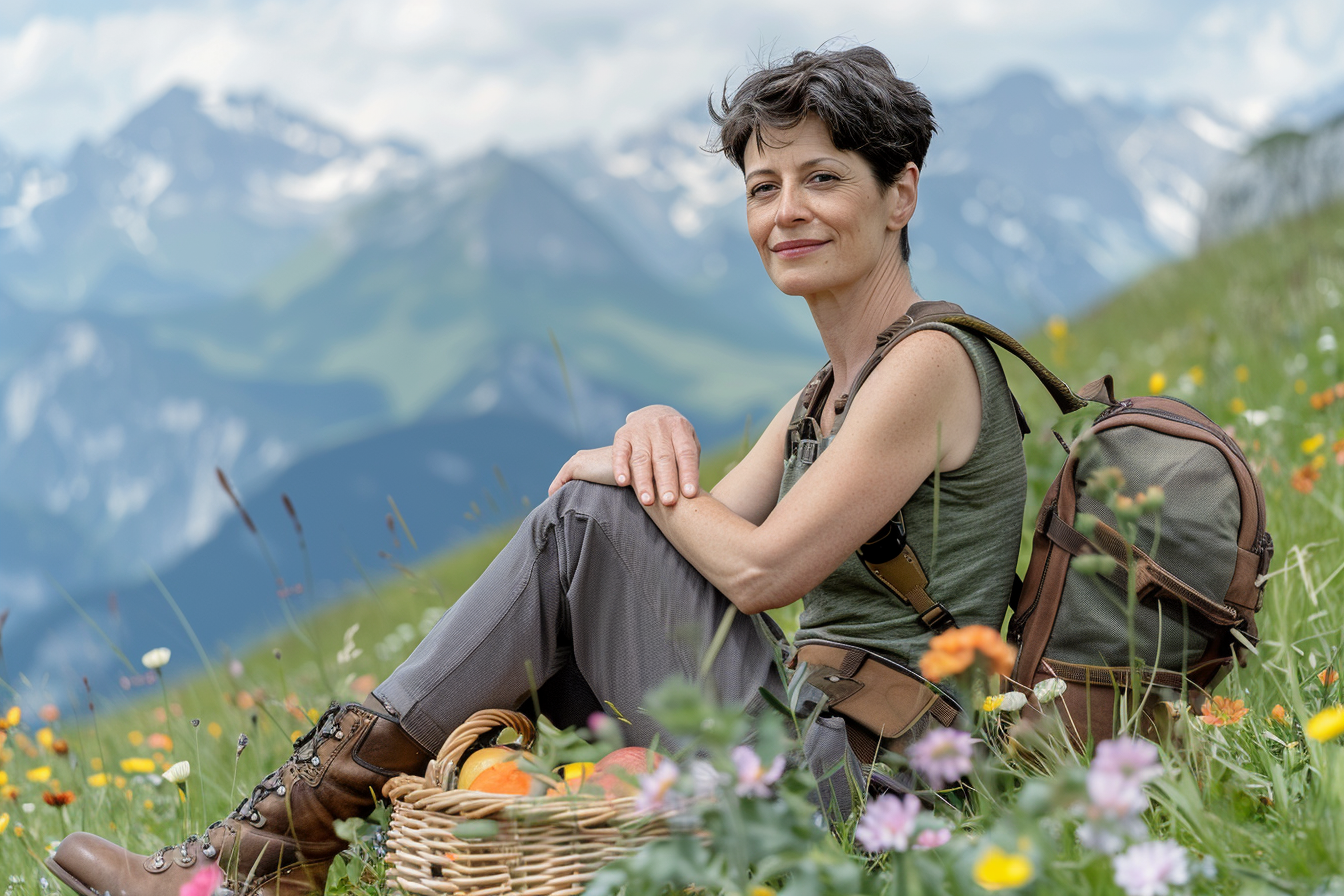 Image gratuite Femme d&rsquo;âge moyen sur une prairie de montagne 3