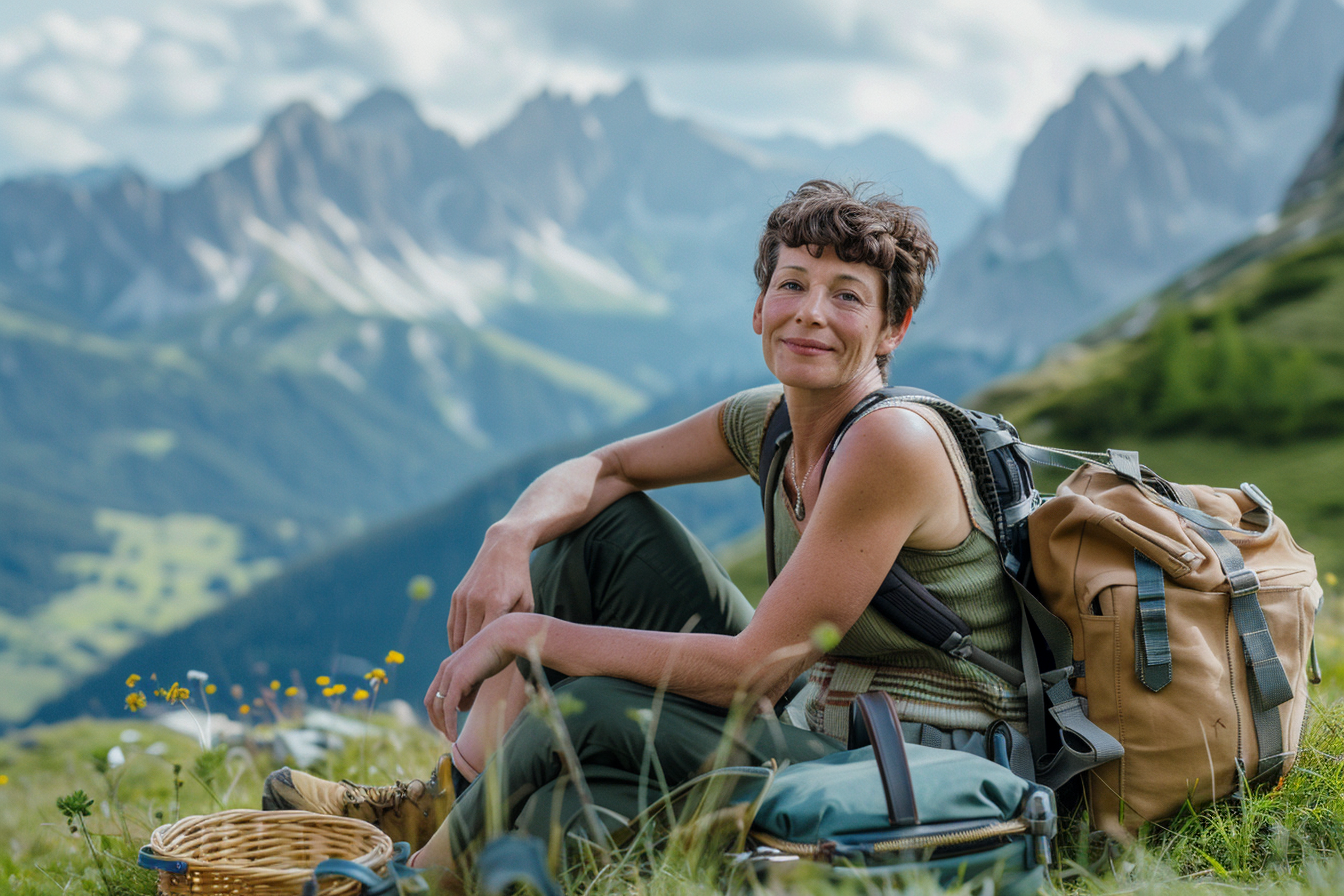 Image gratuite Femme d&rsquo;âge moyen sur une prairie de montagne 4