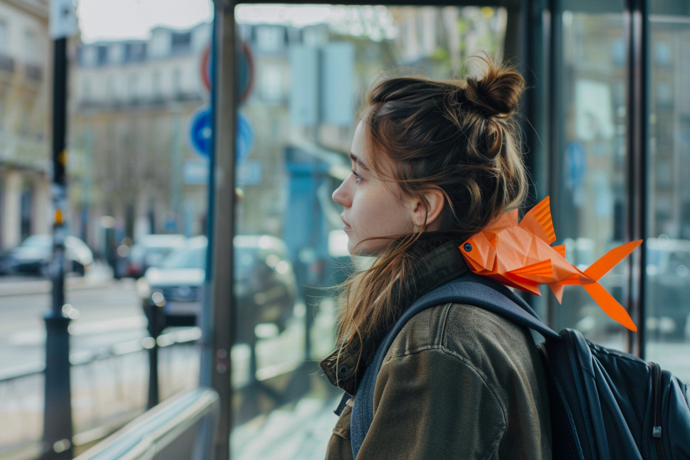 Image gratuite Femme dos, poisson papier, arrêt bus ville 1