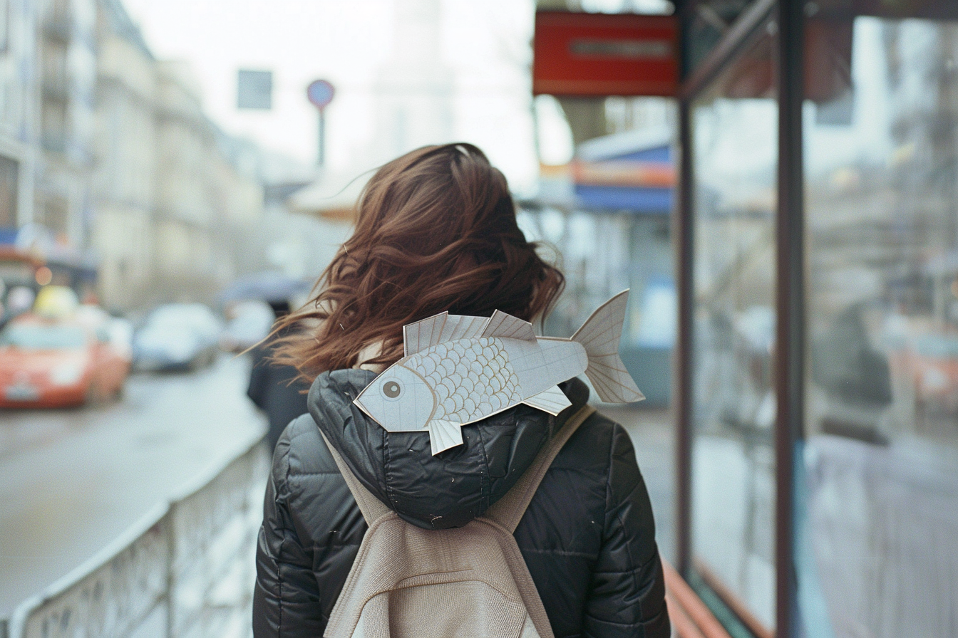 Image gratuite Femme dos, poisson papier, arrêt bus ville 2