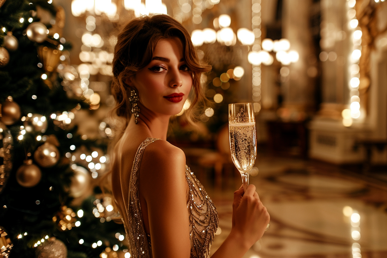 Image gratuite Femme élégante, champagne, salle bal décorée, Nouvel An 1