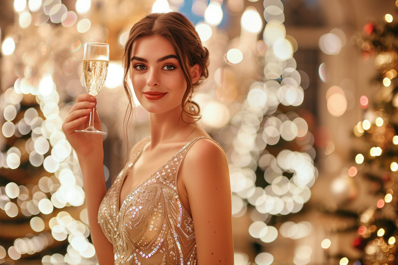 Image gratuite Femme élégante, champagne, salle bal décorée, Nouvel An 3