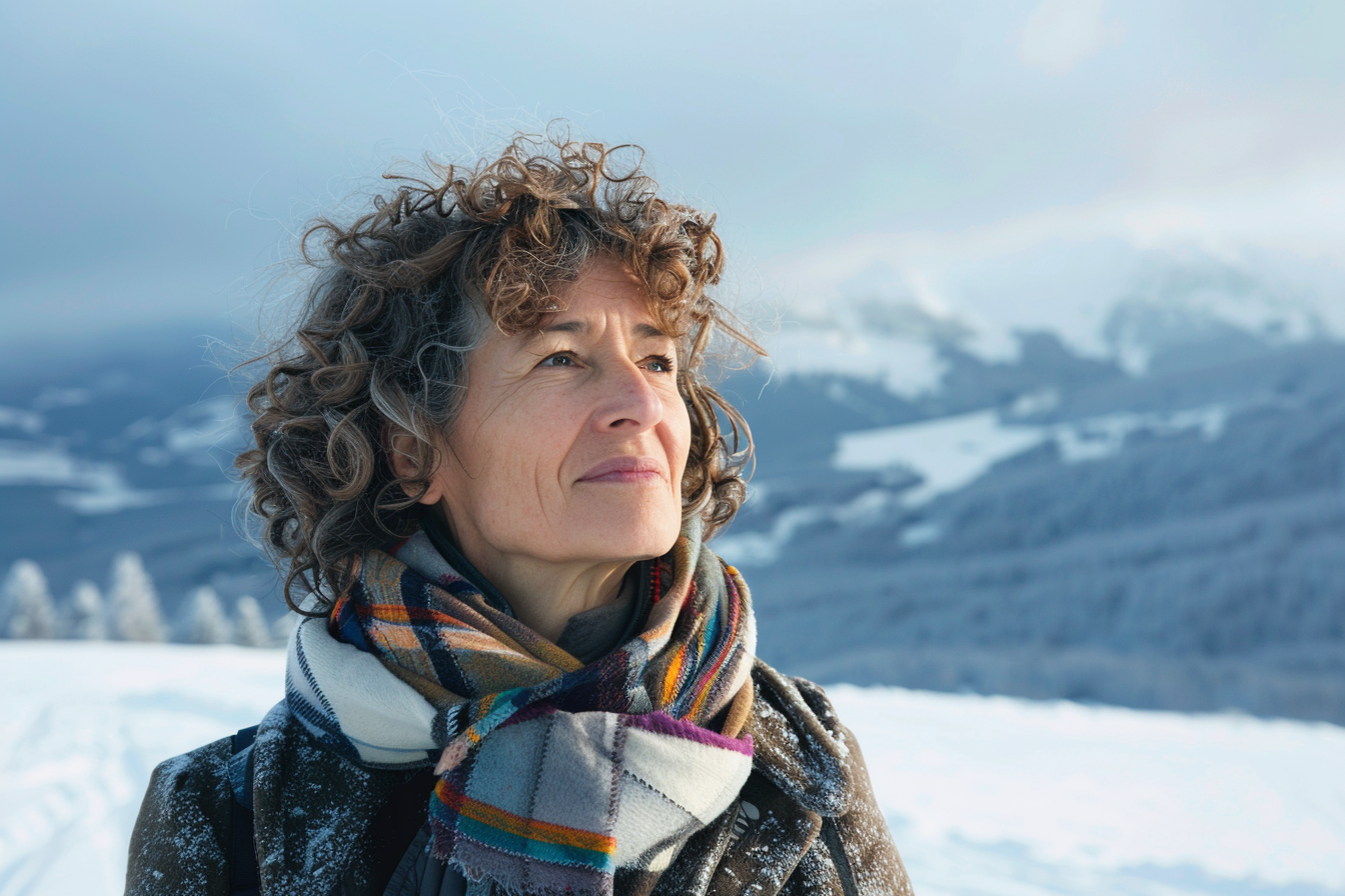 Image gratuite Femme en promenade dans les montagnes enneigées 1