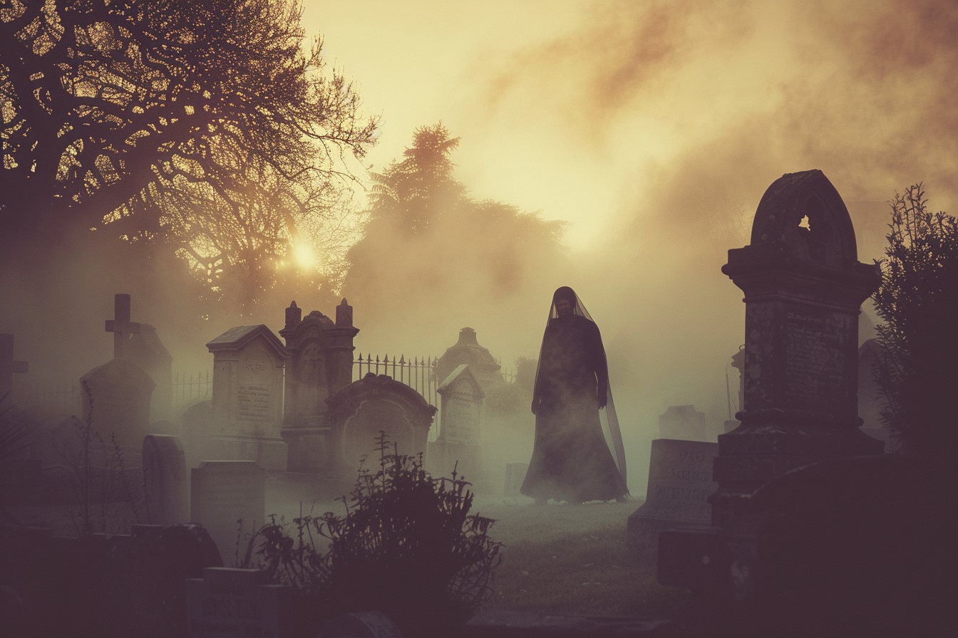 Image gratuite Femme fantôme, cimetière, pierres tombales, brouillard 1