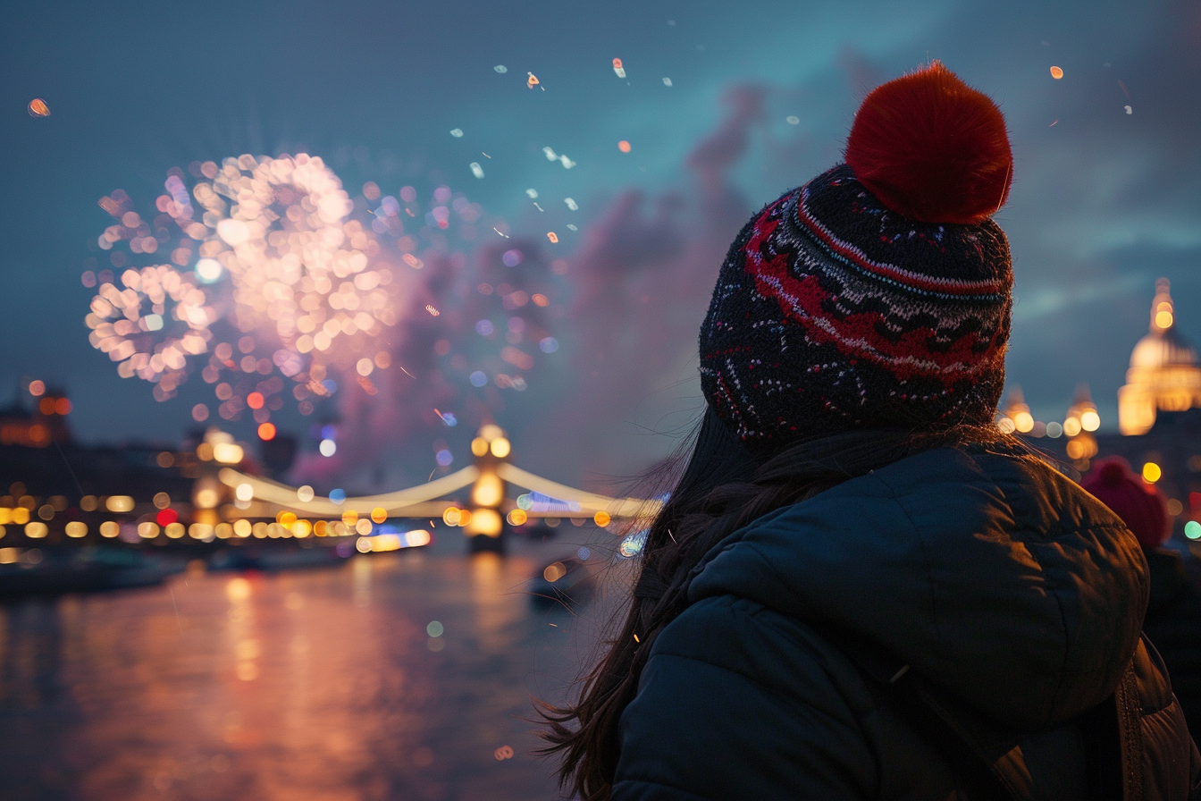 Image gratuite Femme, feux d&rsquo;artifice, bord rivière, Nouvel An 2