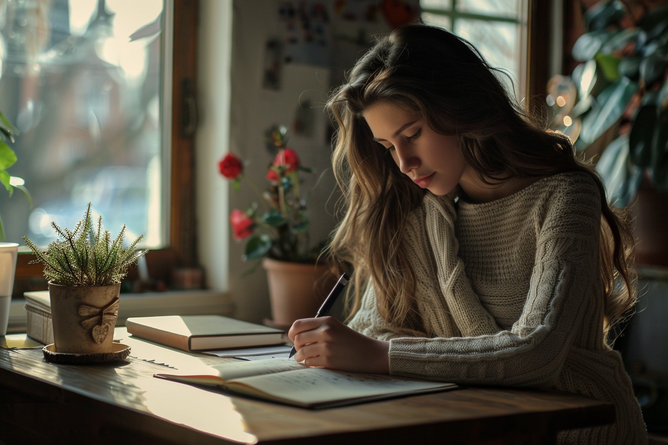 Image gratuite Femme, lettre amour, bureau bois, fenêtre, Saint-Valentin 2