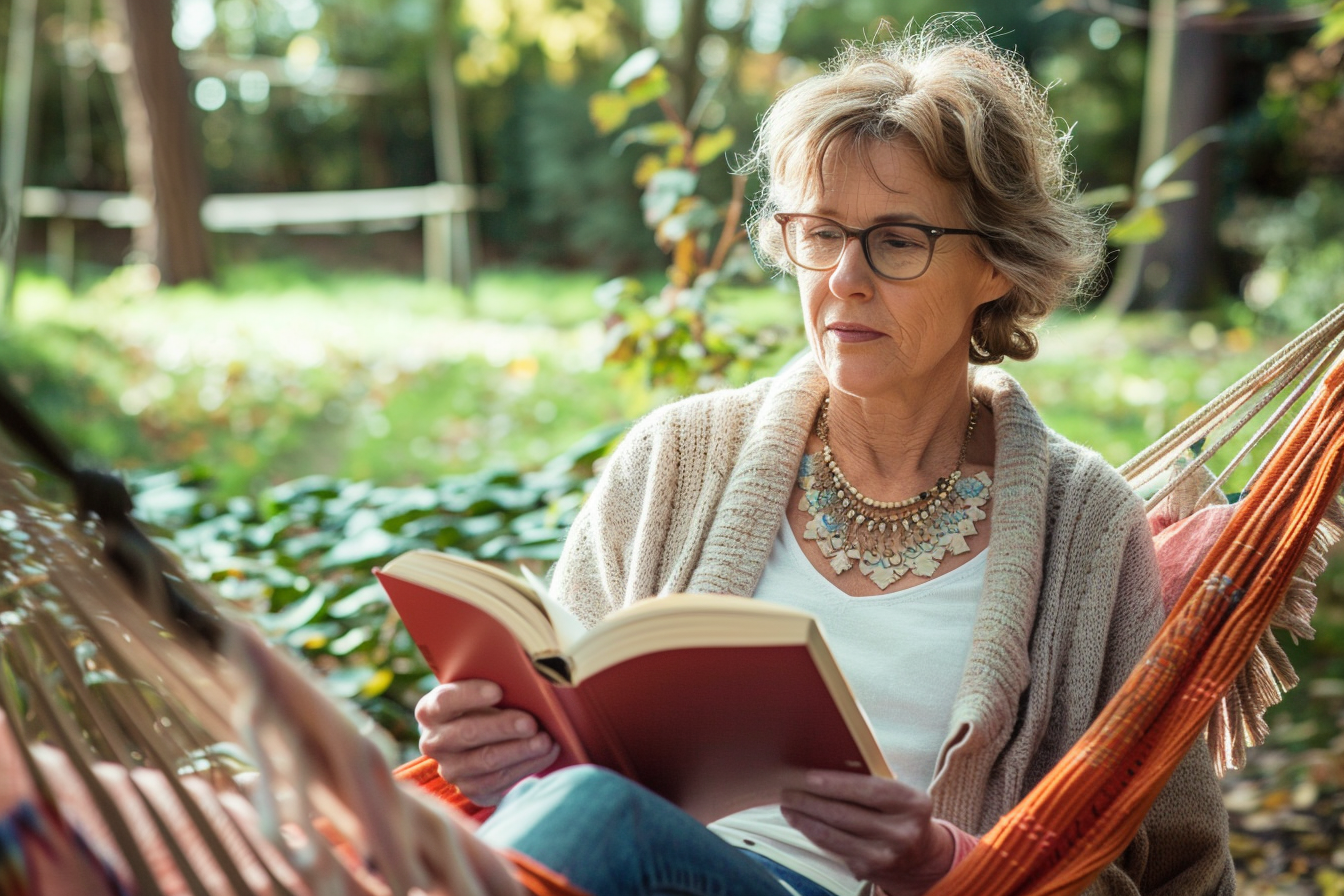 Image gratuite Femme lisant dans un hamac de jardin 1