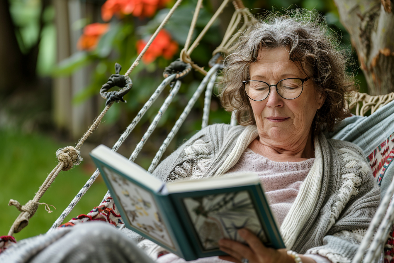 Image gratuite Femme lisant dans un hamac de jardin 7