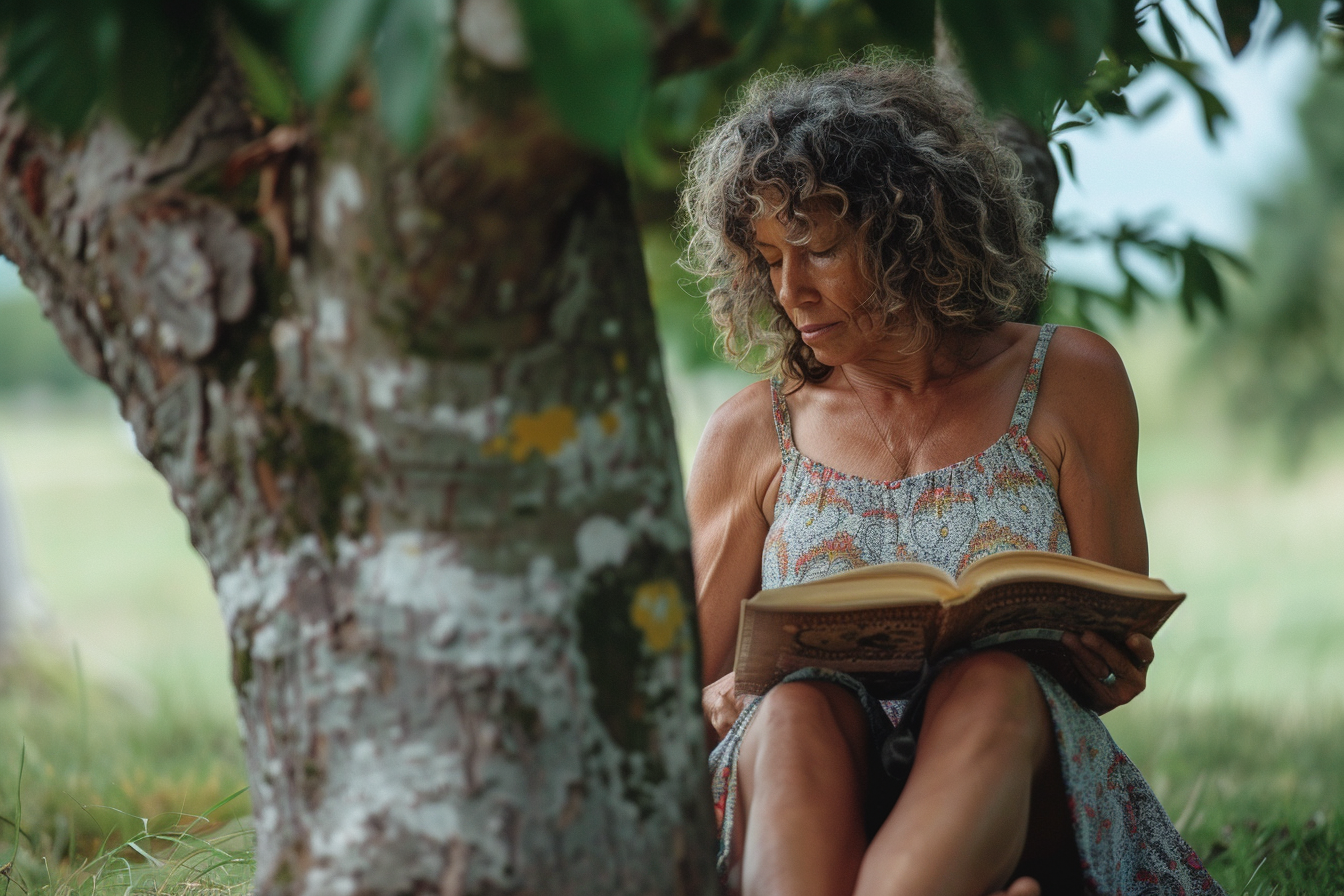 Image gratuite Femme lisant sous un arbre à la campagne 1