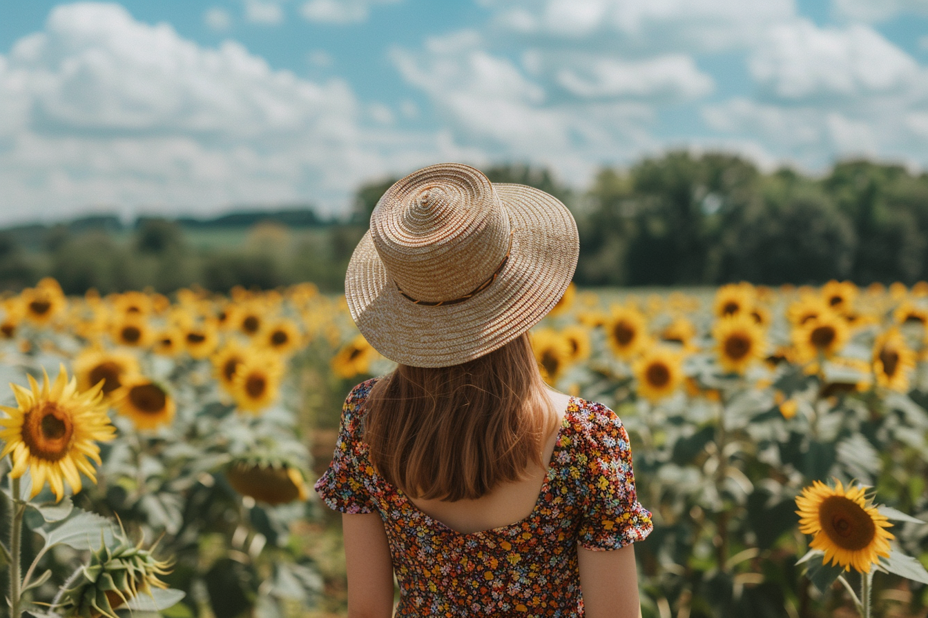 Image gratuite Femme marchant dans un champ de tournesols 1