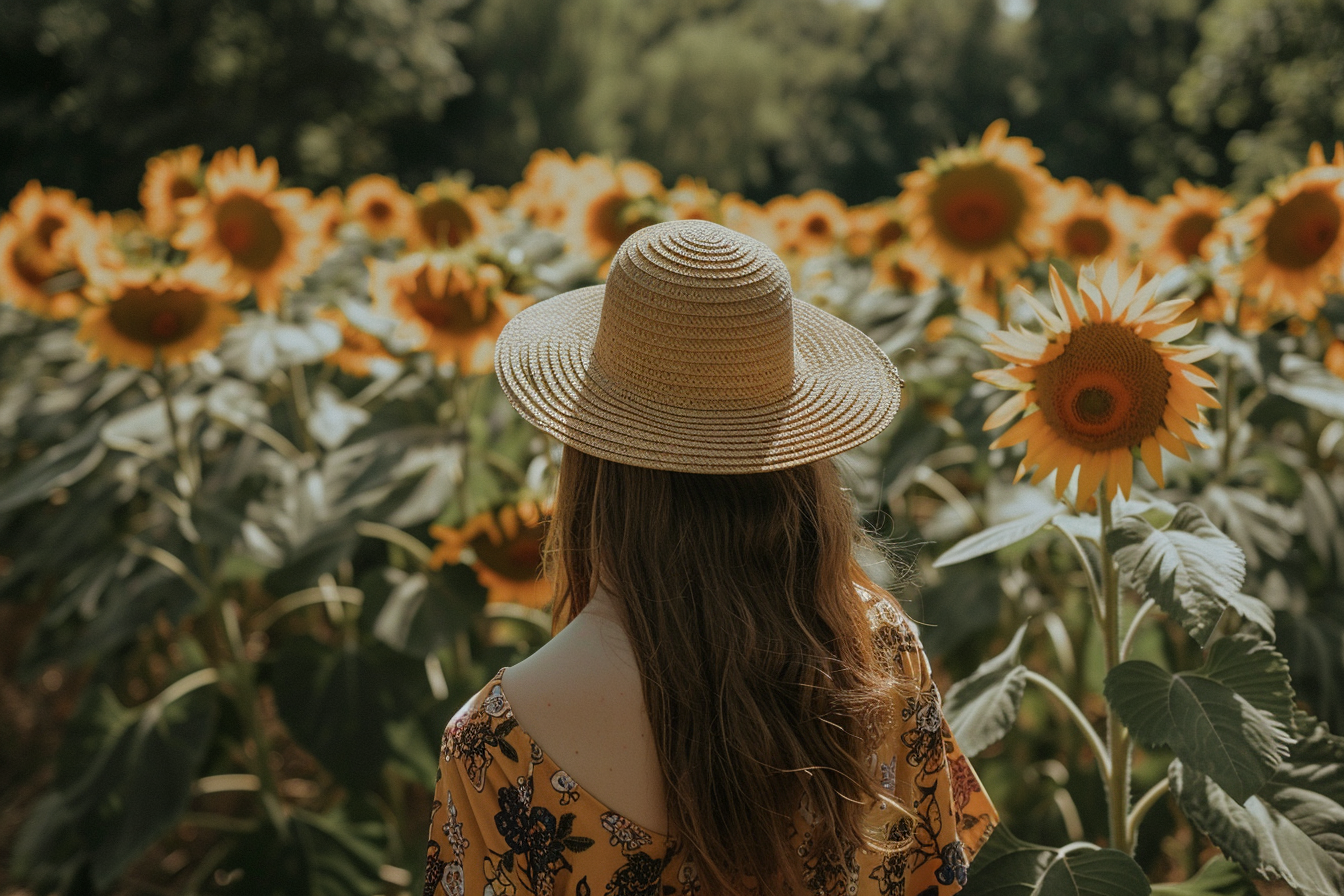 Image gratuite Femme marchant dans un champ de tournesols 2