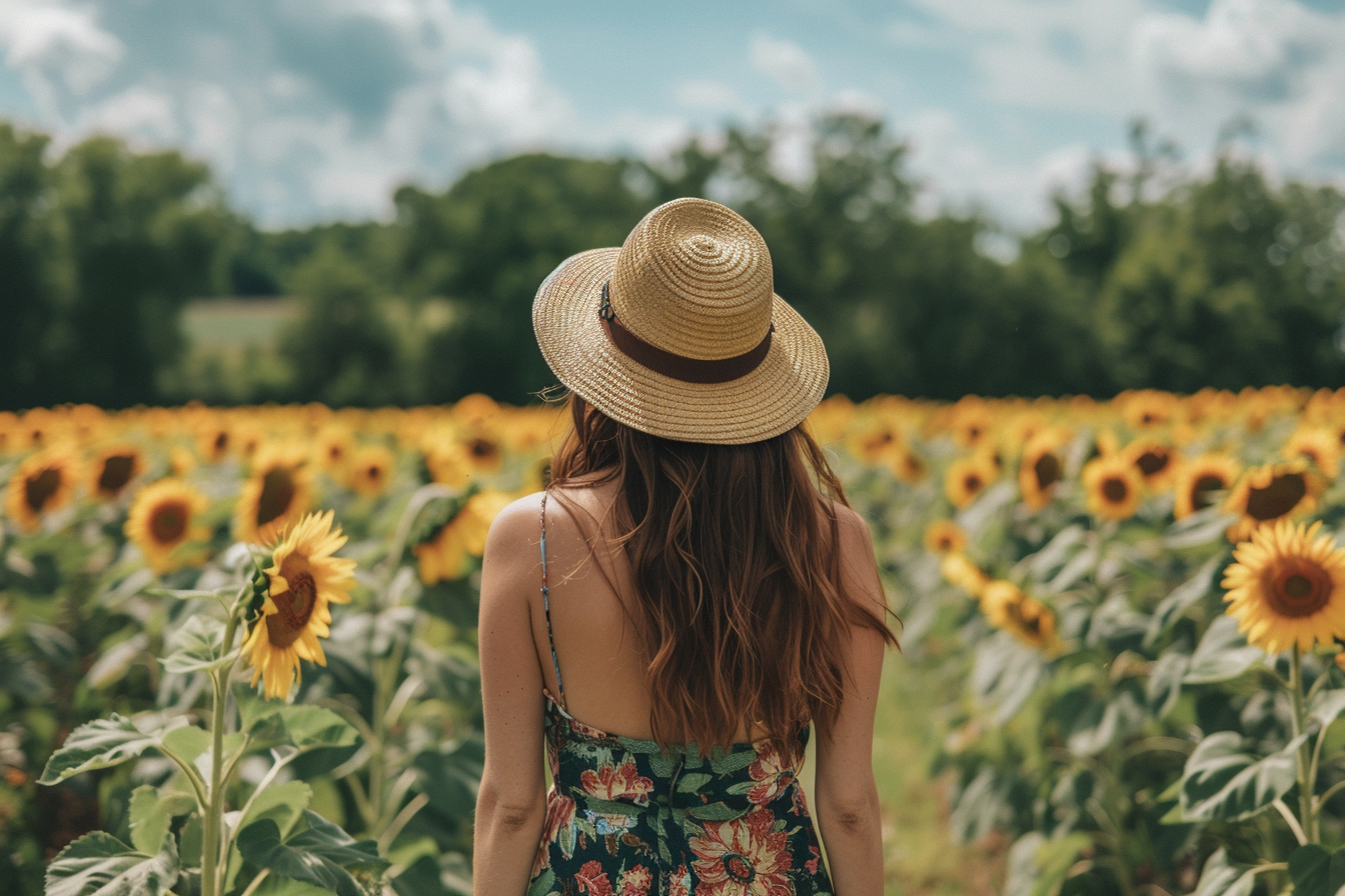 Image gratuite Femme marchant dans un champ de tournesols 4