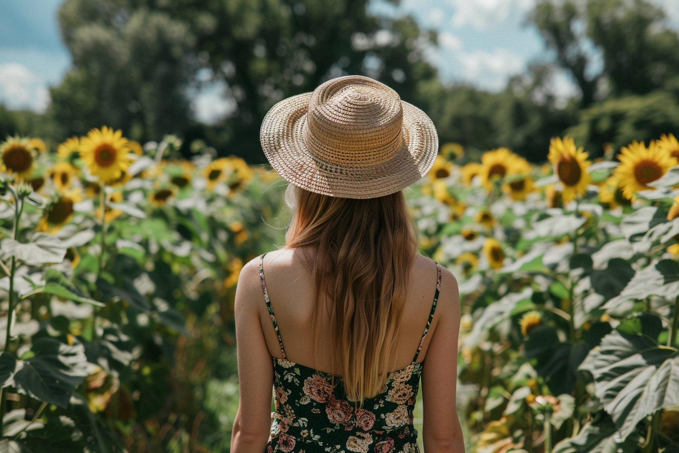 Image gratuite Femme marchant dans un champ de tournesols 5