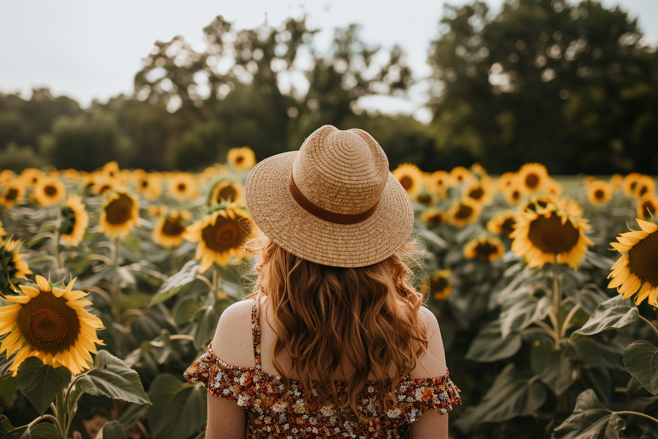 Image gratuite Femme marchant dans un champ de tournesols 6