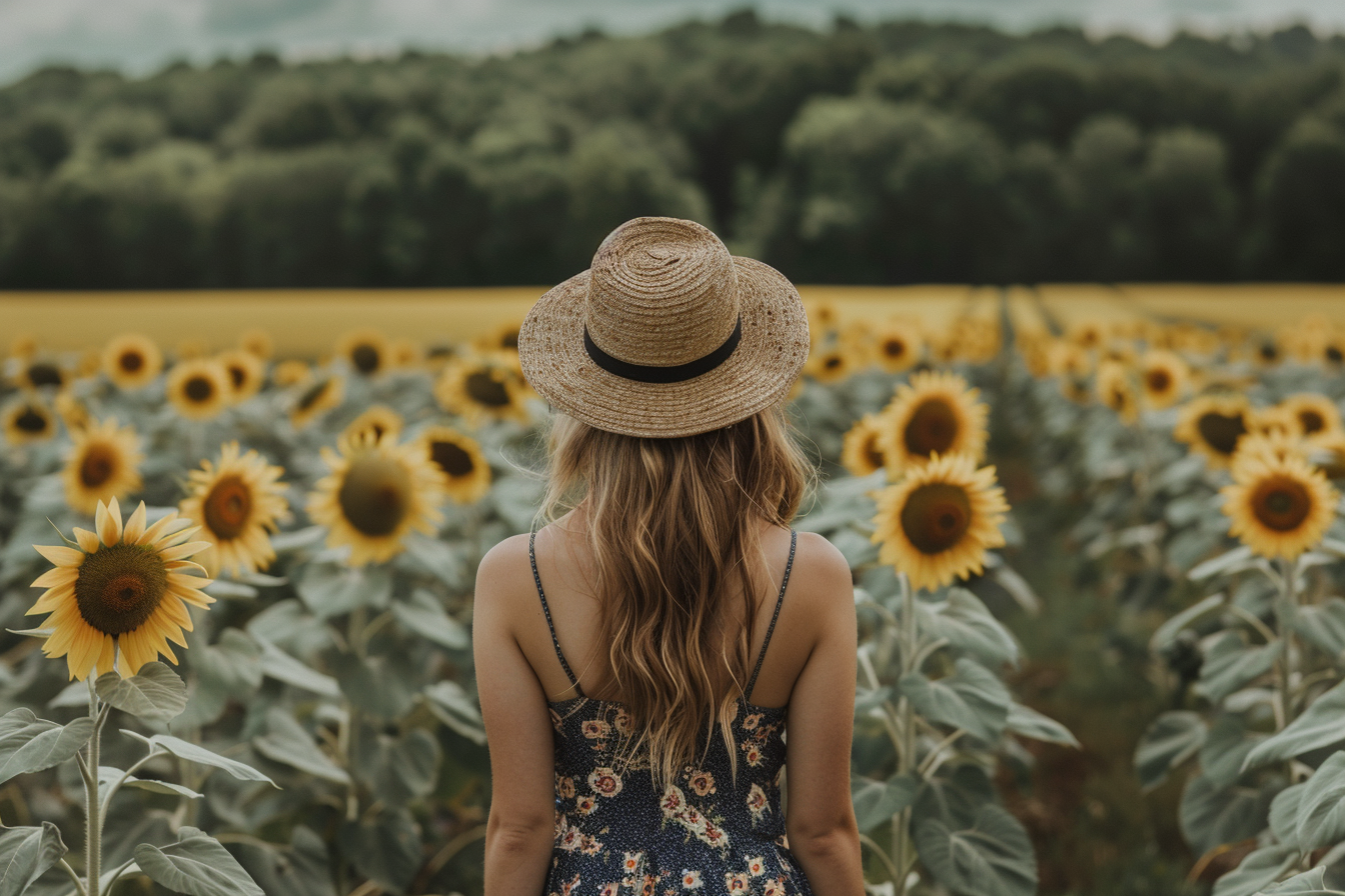 Image gratuite Femme marchant dans un champ de tournesols 8