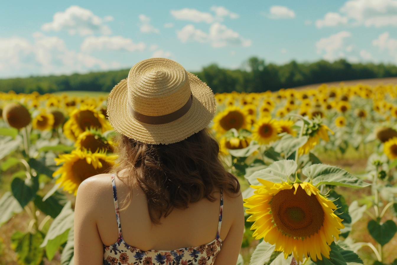 Image gratuite Femme marchant dans un champ de tournesols 9