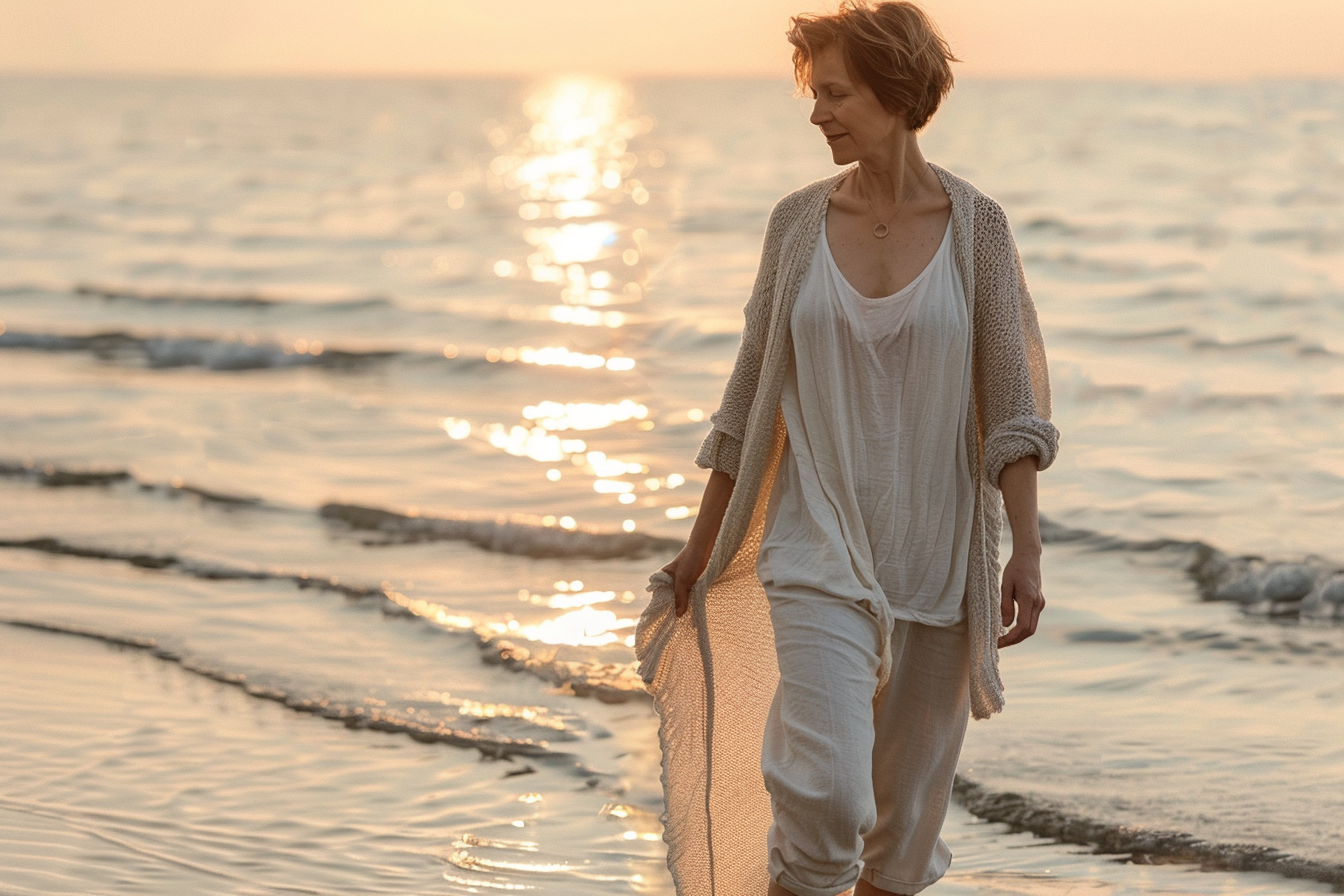Image gratuite Femme marchant pieds nus au bord de l&rsquo;eau au coucher du soleil 2