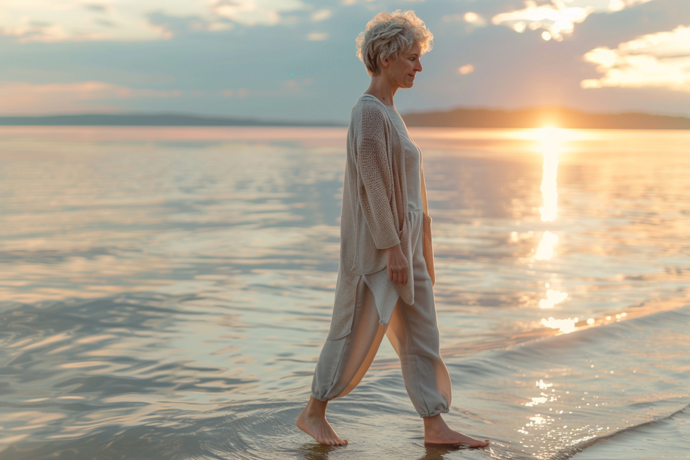 Image gratuite Femme marchant pieds nus au bord de l&rsquo;eau au coucher du soleil 3