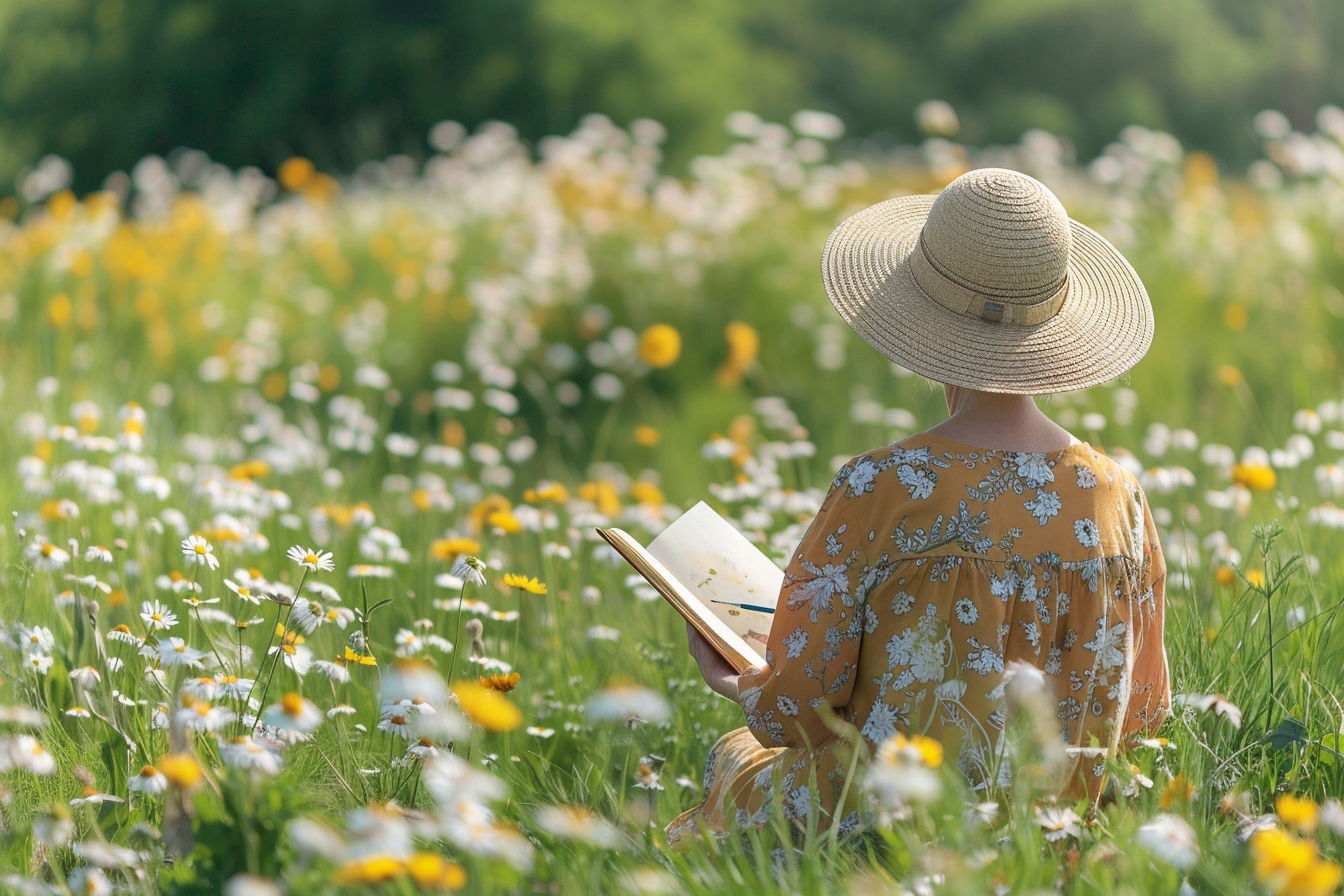Image gratuite Femme peignant des fleurs sauvages dans un champ 1