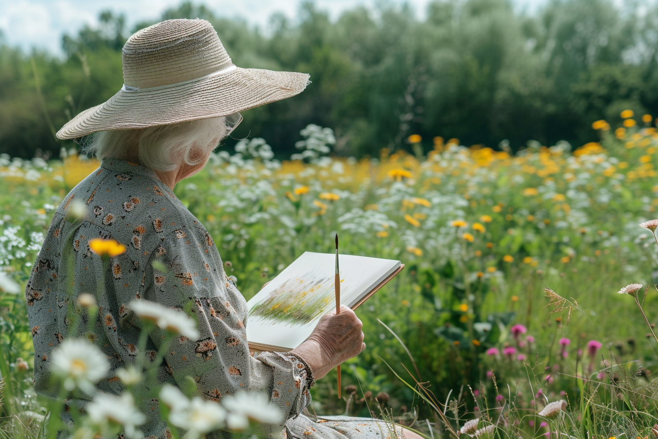 Image gratuite Femme peignant des fleurs sauvages dans un champ 2