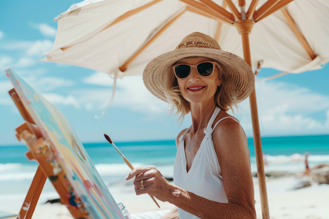 Image gratuite Femme peignant sous un parasol à la mer 1