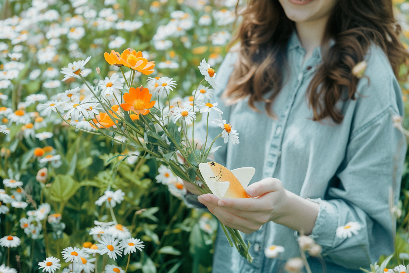 Image gratuite Femme, poisson papier, bouquet fleurs, jardin printemps 1
