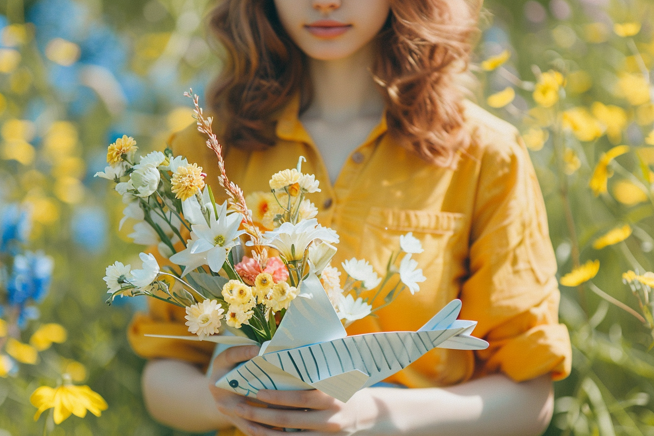 Image gratuite Femme, poisson papier, bouquet fleurs, jardin printemps 2