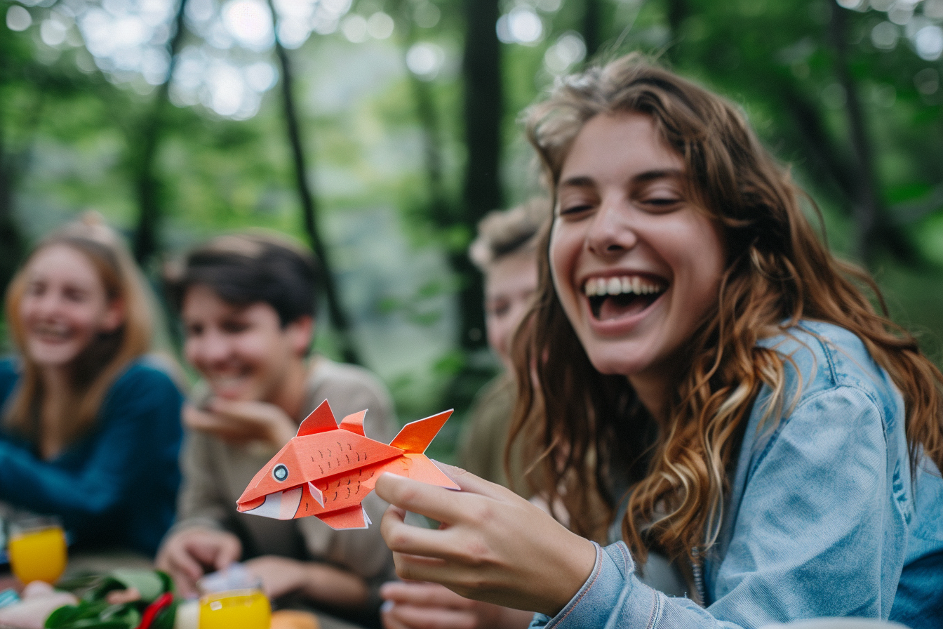 Image gratuite Femme, poisson papier, riant amies, pique-nique 1