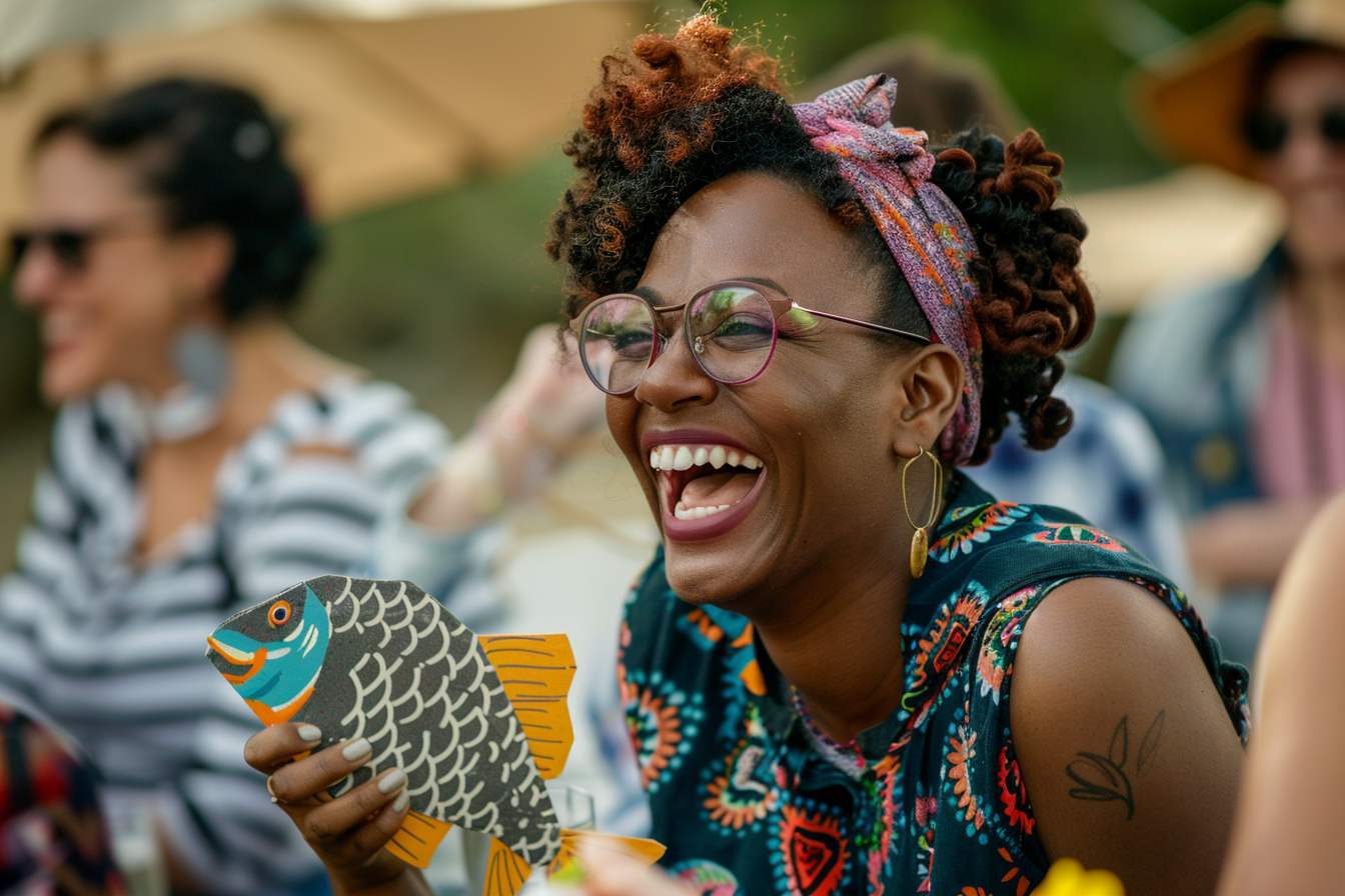 Image gratuite Femme, poisson papier, riant amies, pique-nique 2