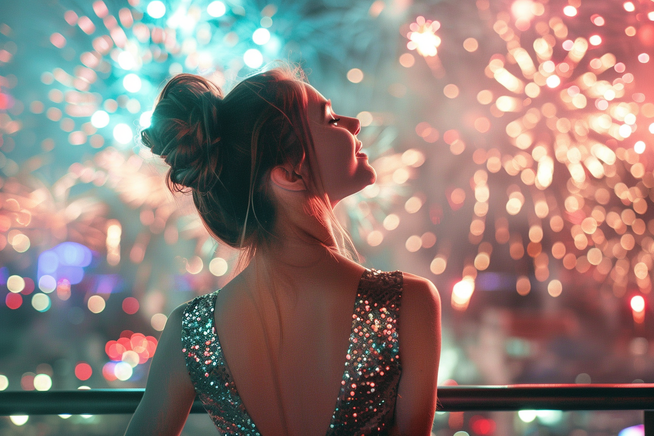 Image gratuite Femme, robe sequins, célébrant, feux d&rsquo;artifice, Nouvel An 1